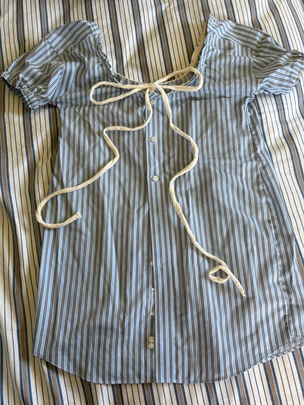 Upcycled Blue Stripe Button-Front Tie-Neck Dress